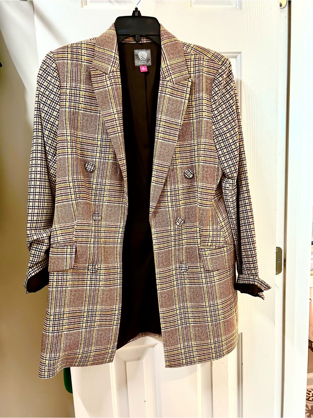 Vince Camuto Brown and Yellow Plaid Double-Breasted Blazer